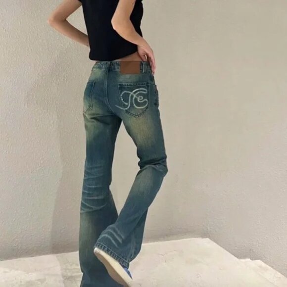 New Fax Copy Express Slim Flared Leg Dirty Blue Wash Jeans Size S - Picture 8 of 9